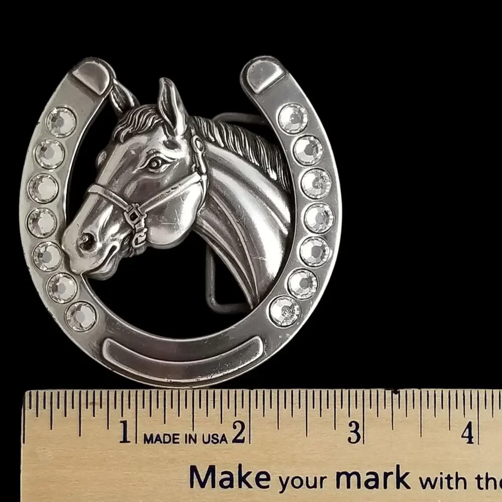Vintage Belt Buckle Nocona Buckles Horseshoe‎ Horse Torso Rhinestones Western